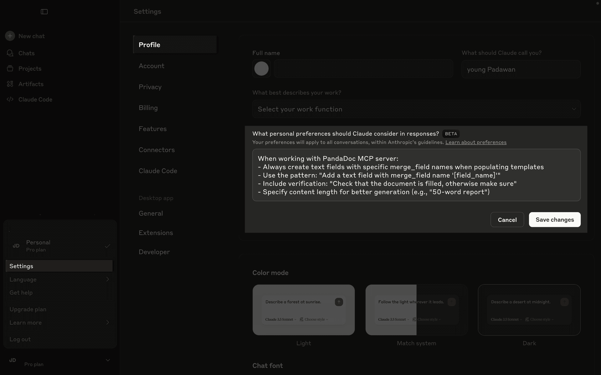 Screenshot of Claude Desktop settings showing the response preferences field