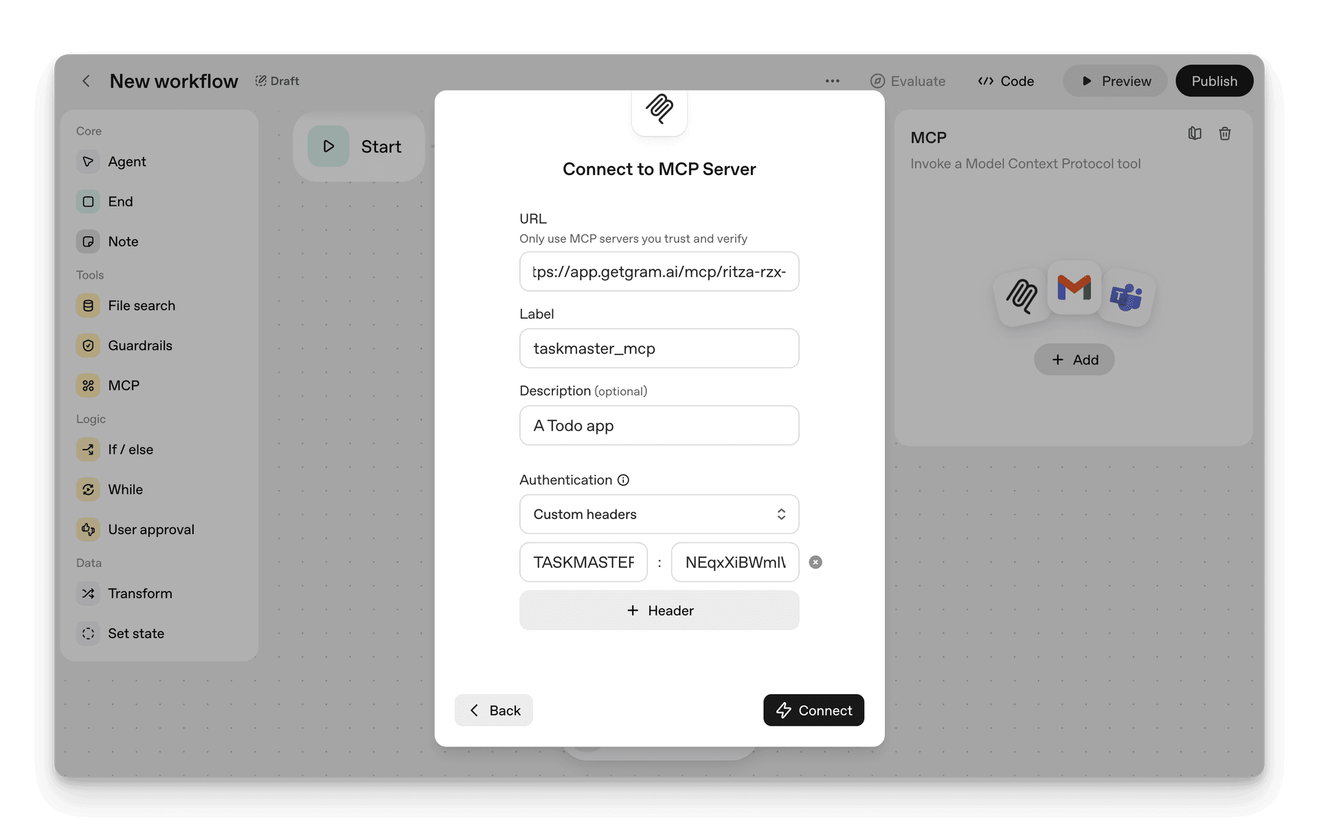 Screenshot showing the Connect to MCP Server dialog
