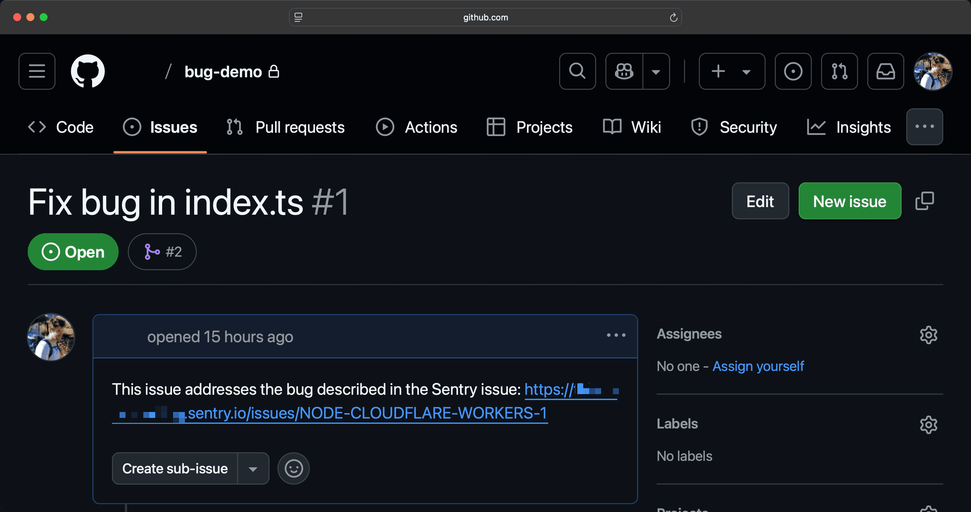 GitHub issue created about the Sentry error