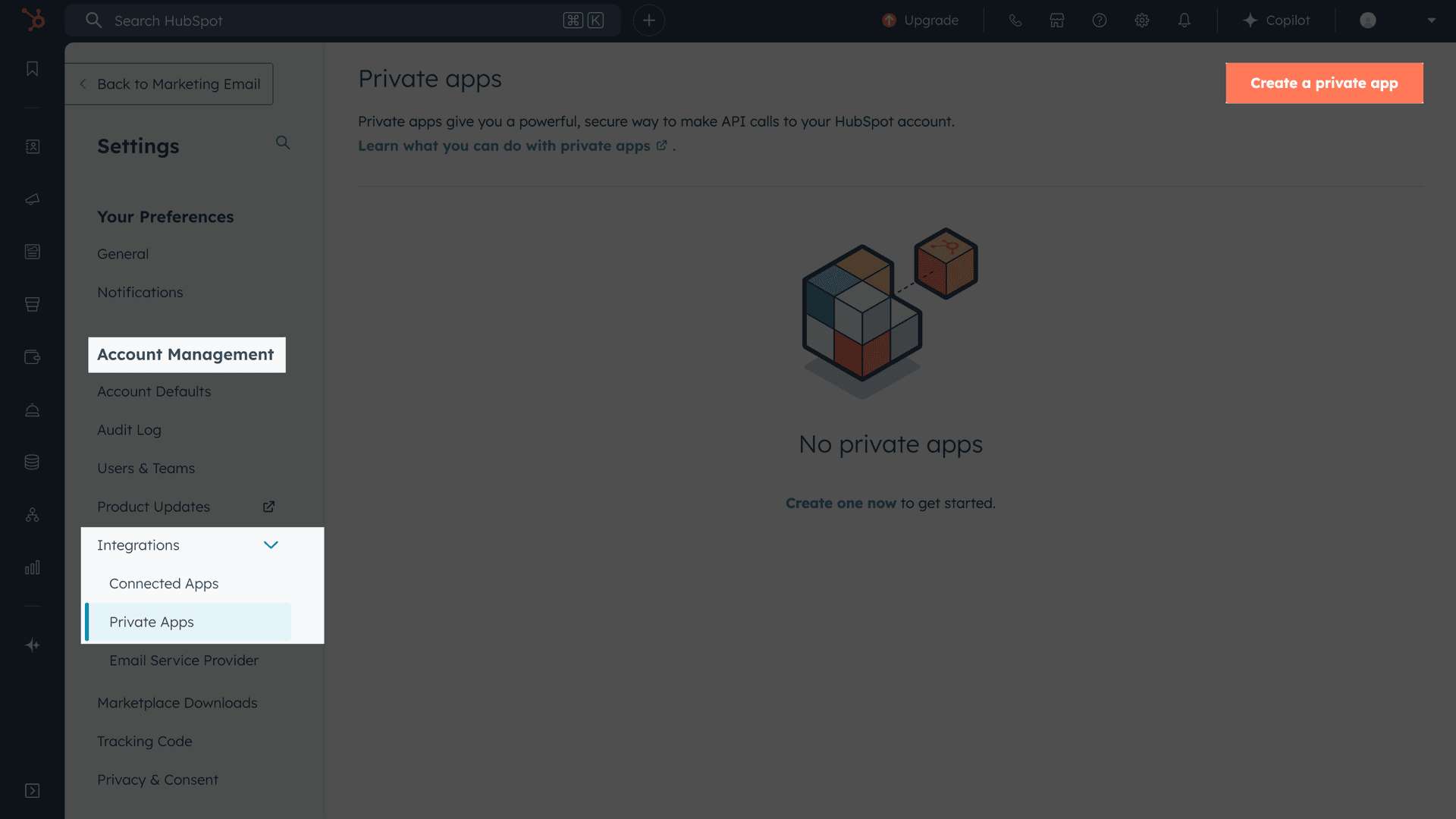 HubSpot private apps page with "Create a private app" button