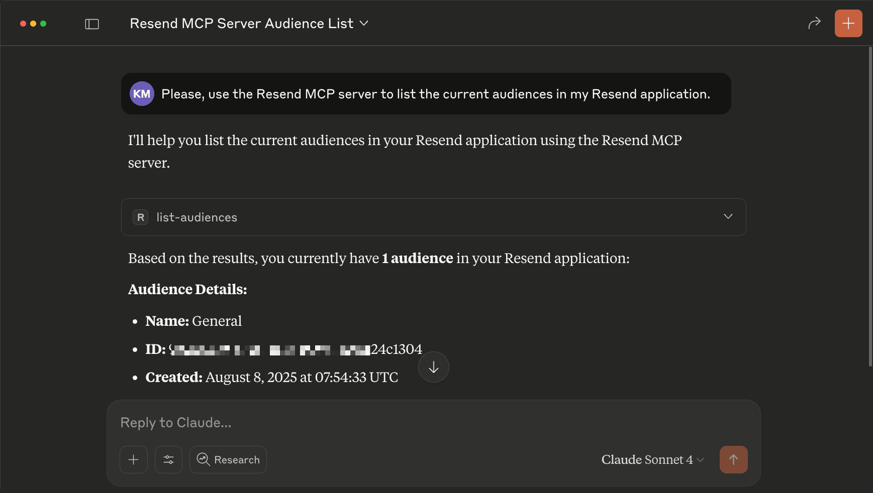 Screenshot of the Claude Desktop UI showing the list of audiences in the Resend application