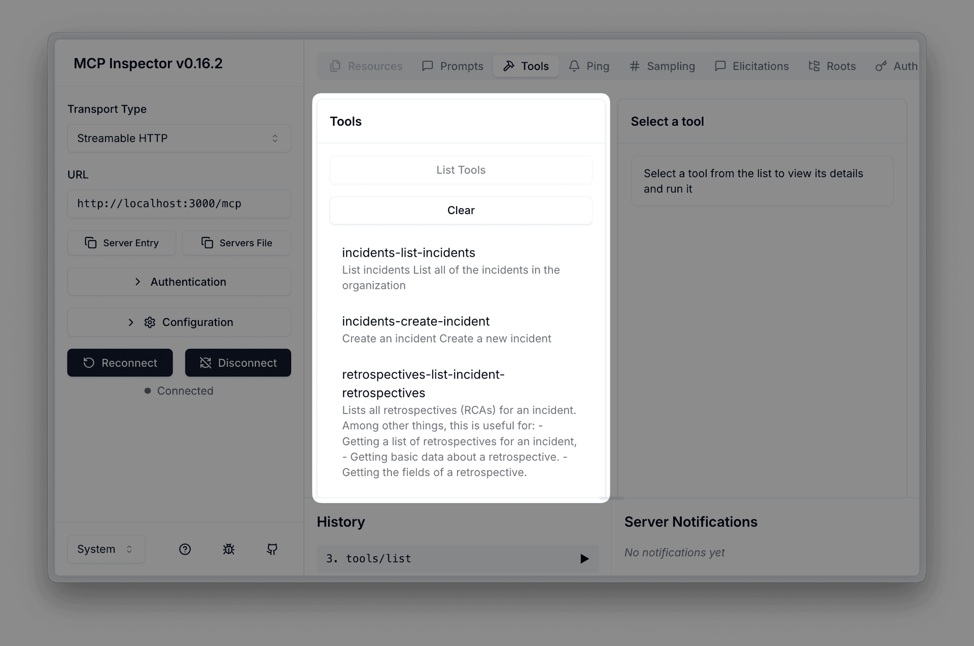 MCP Inspector with Streamable HTTP transport