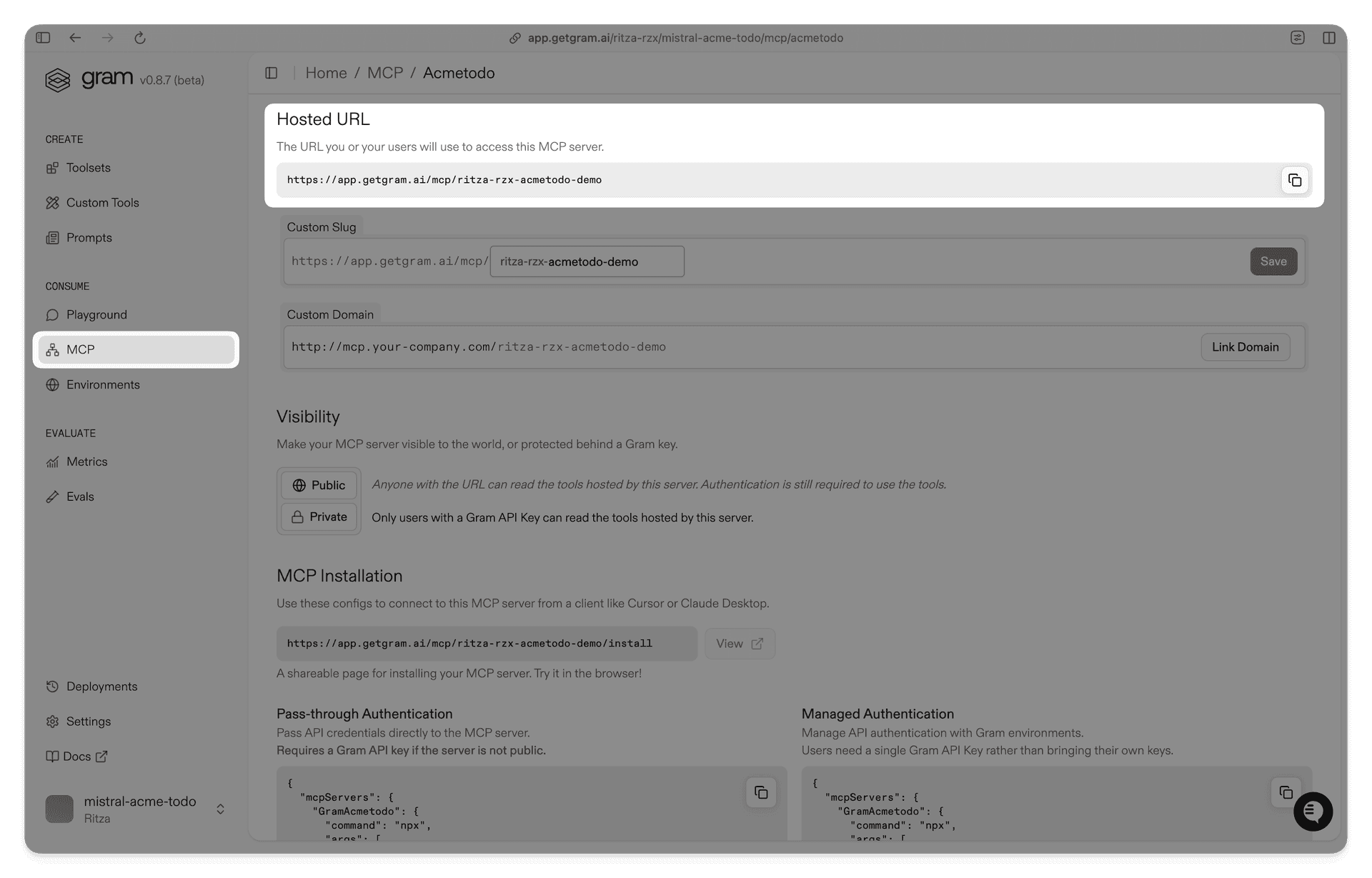 Screenshot showing the MCP server config dialog for the Acme Todo toolset