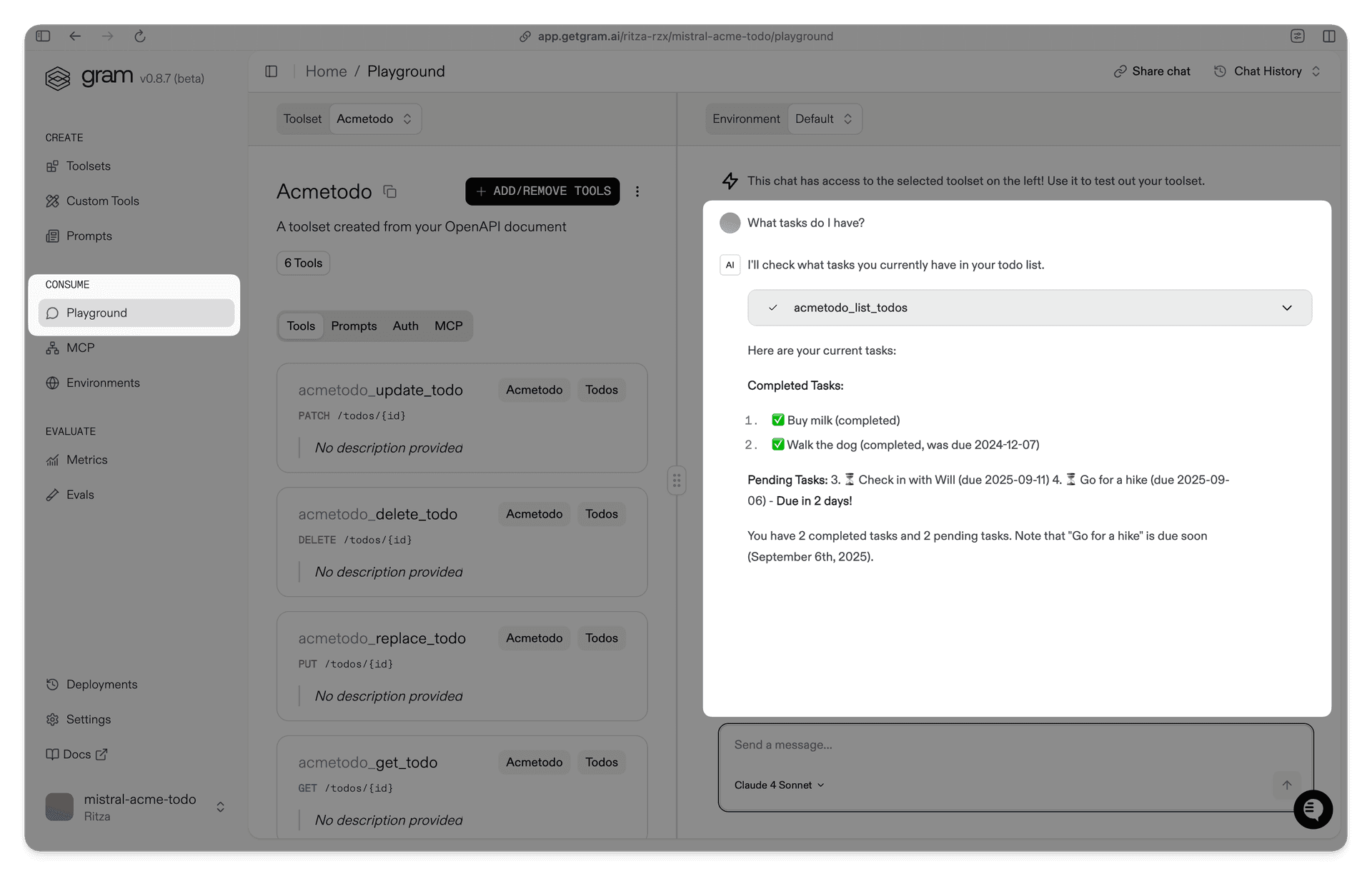 Screenshot showing how to test an MCP server in the Gram Playground
