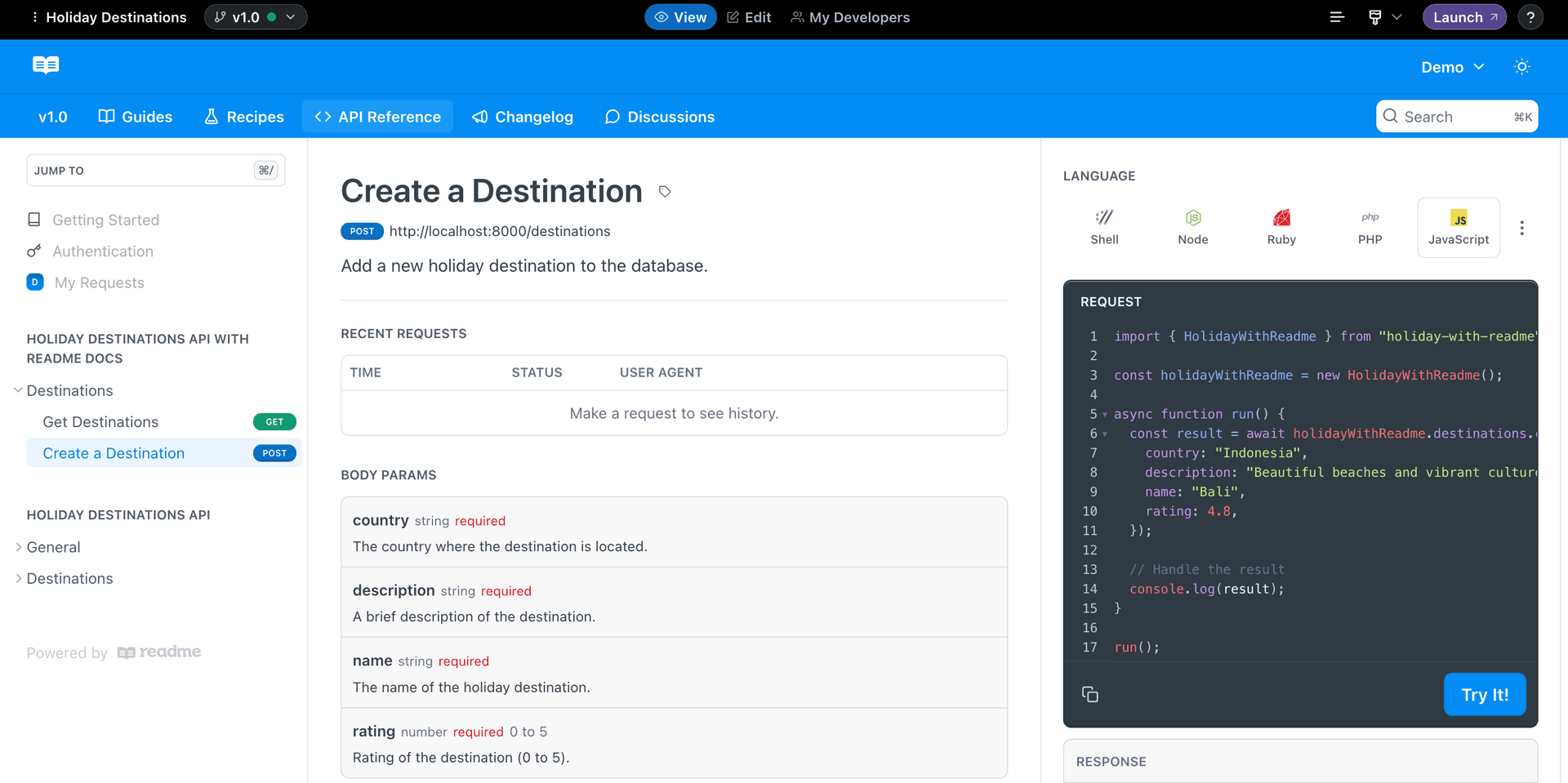 ReadMe docs with generated SDK code samples