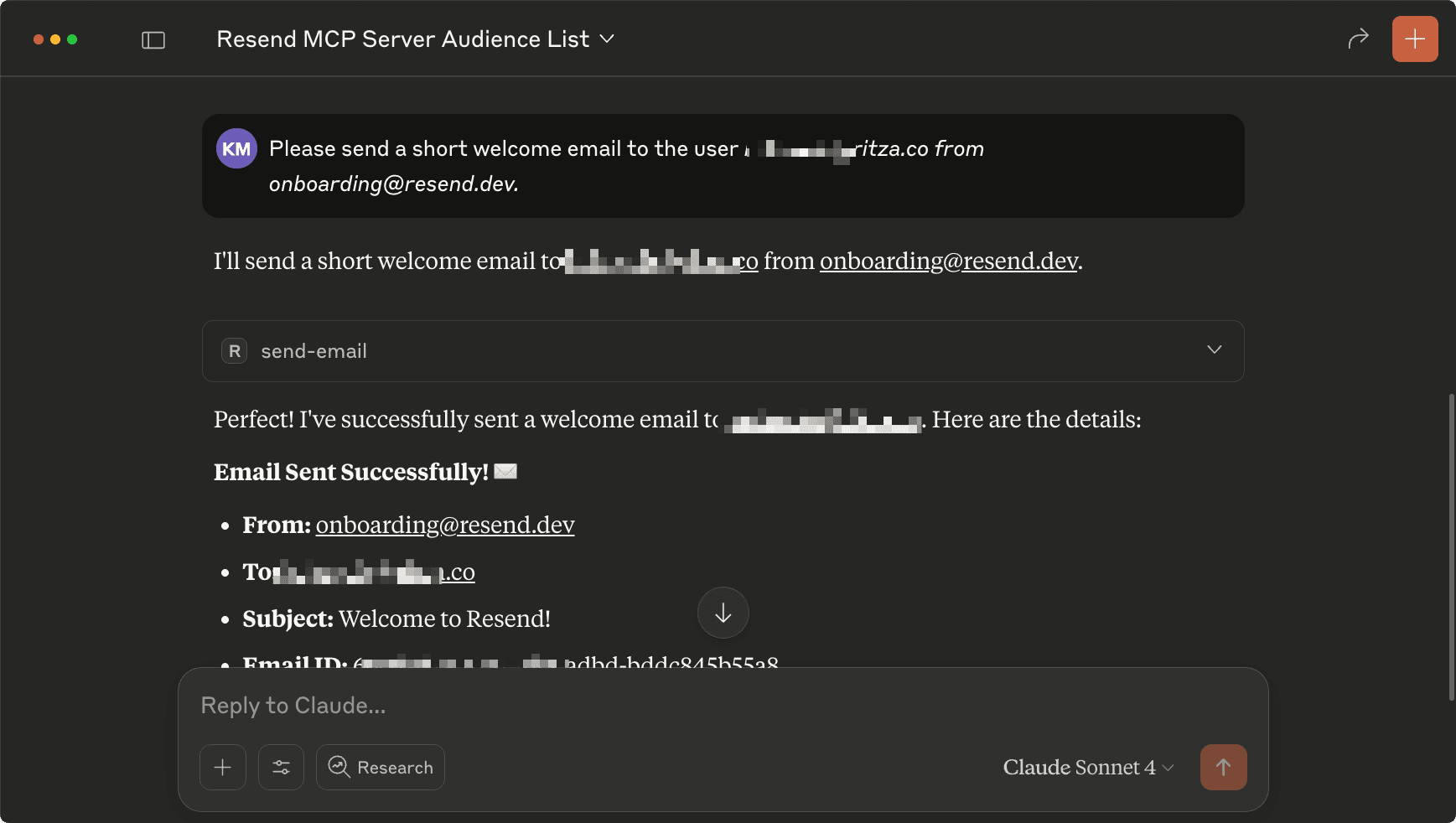 Screenshot of the Claude Desktop UI showing an email was successfully sent
