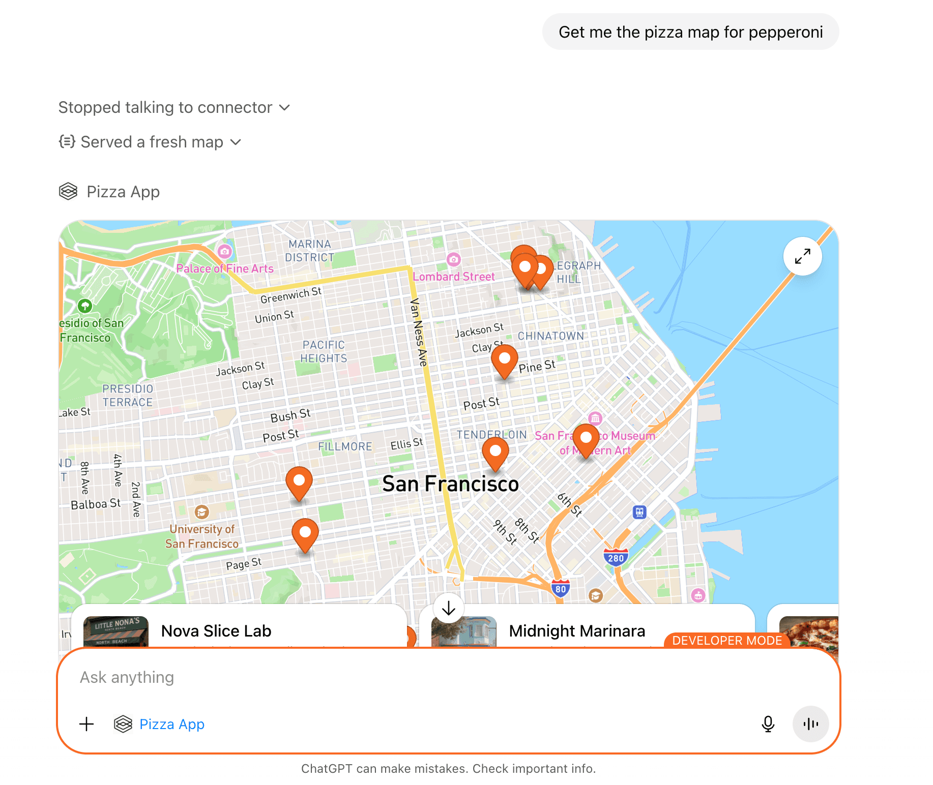 Pizza Map widget rendered inside ChatGPT