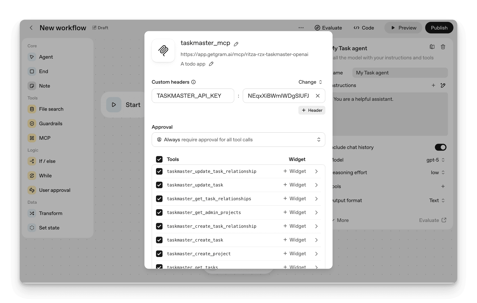Screenshot showing available Taskmaster tools