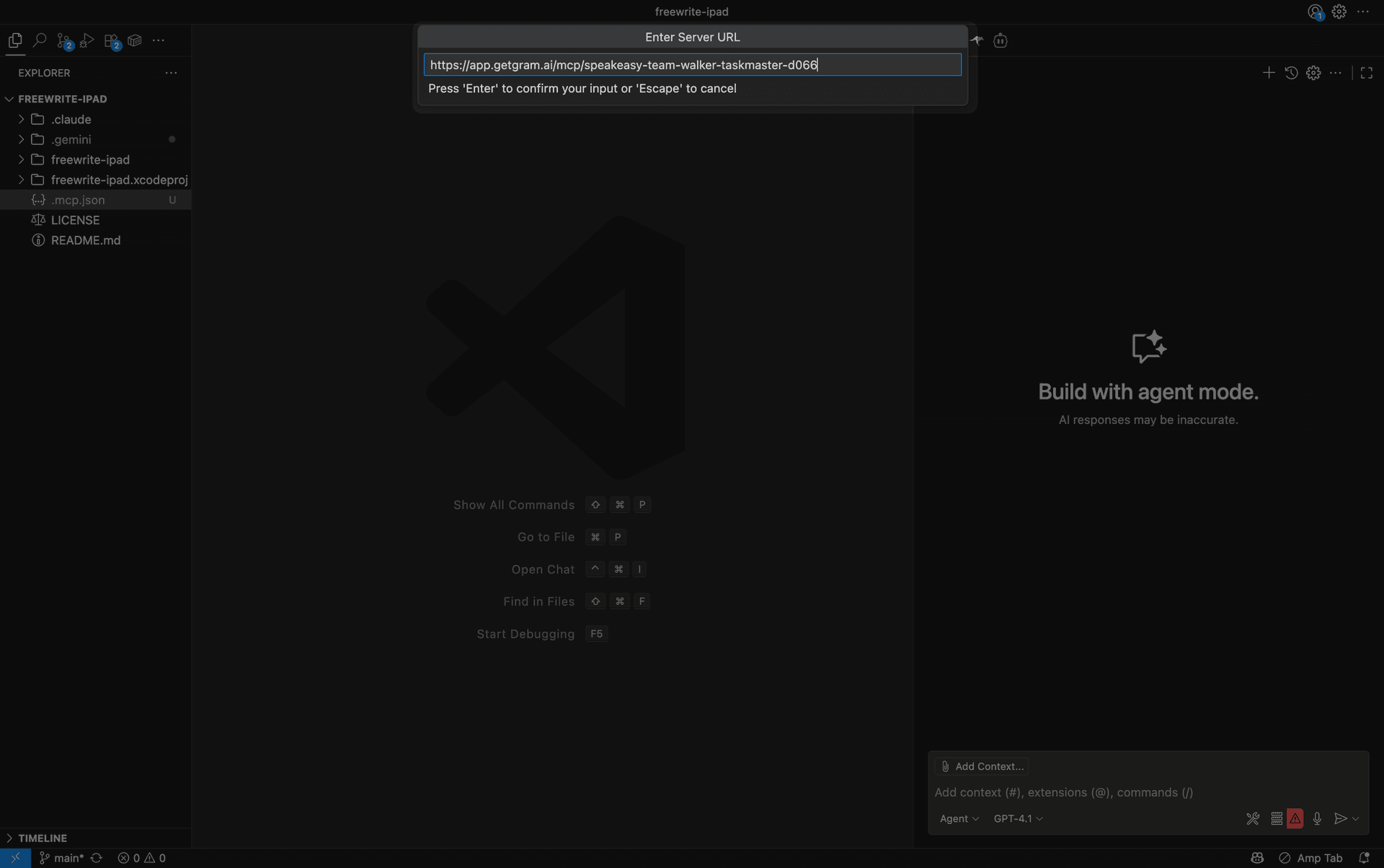 Screenshot showing pasting the MCP server URL