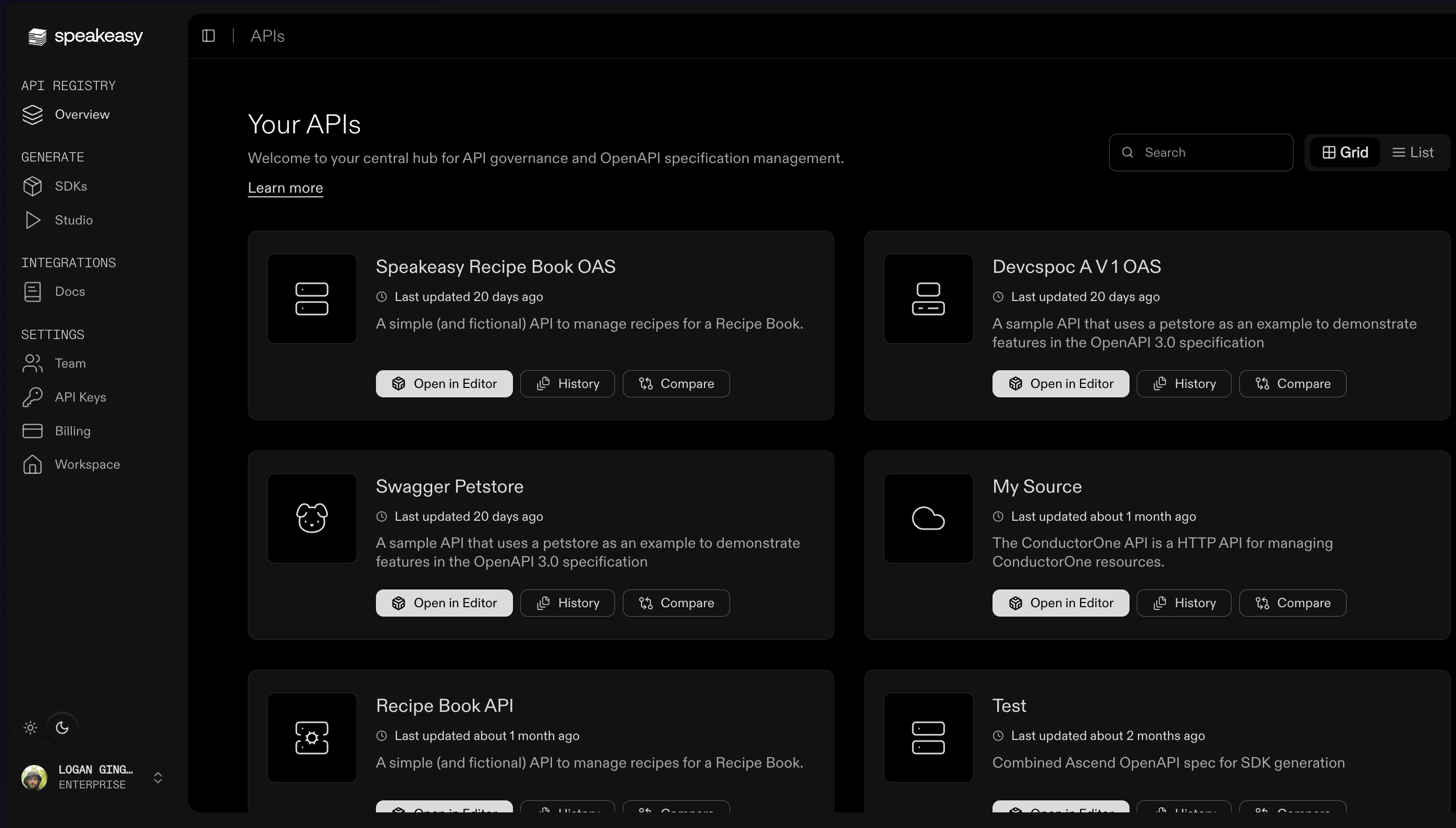 Screenshot showing the Speakeasy API Registry page